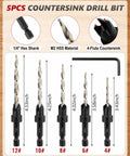 5PCS COUNTERSINK DRILL BIT SET for wood projects featuring HSS material and 1/4" hex shank, sizes 4# to 12#.