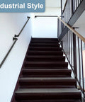 Heavy Duty Black Powder Coated Pipe Stair Handrail Six Foot Wall Mounted Corner Railing For Indoor Steps Loft Balcony Or Porch Deck, installed on industrial style staircase.