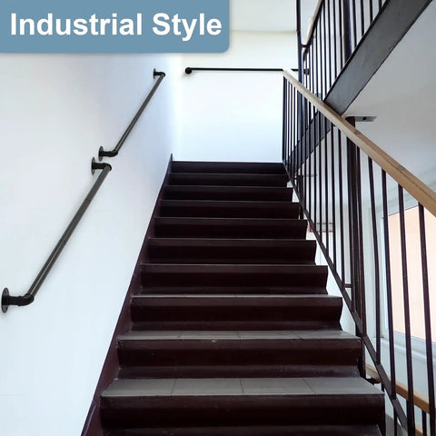 Heavy Duty Black Powder Coated Pipe Stair Handrail Six Foot Wall Mounted Corner Railing For Indoor Steps Loft Balcony Or Porch Deck, installed on industrial style staircase.