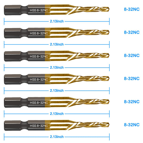 Six Piece All In One Time-Saving Combination Drill Tap Bit Set Titanium Coated High Speed Steel for 8-32 NC Threads