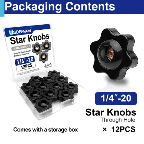 Pack Of 12 1/4-20 Star Knobs Female Thread With Metal Insert Black Nylon Clamping Knobs For Light Duty Machinery Jigs And Fixtures Easy Hand Tightening No Tools Required