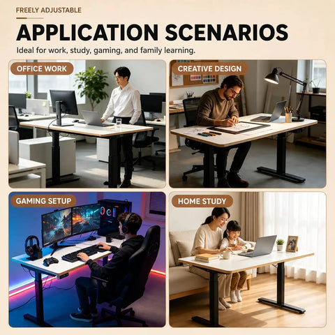 Rock Smooth Electric Height Adjustable Desk With Walnut And White Finish featuring Quiet Lift Motor And Memory Presets used in office work, creative design, gaming, and home study.