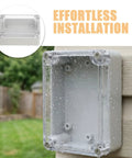 Heavy Duty Waterproof Enclosure Box 6 Pack For Outdoor Electronics With Clear Lid abs plastic material mounted on wall with raindrops.