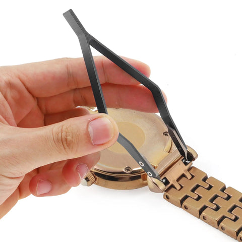 V Shaped Watch Spring Bar Tweezers For Precision Repairs, Aluminum Alloy Remover Tool in use on a watch bracelet