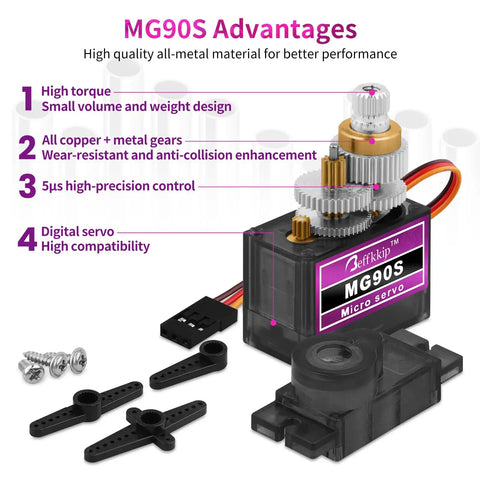 Five Pack 9g Micro Servo Motors With Metal Gears For DIY Smart Robots And RC Toys, showing internal metal gears and components