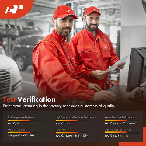 Two technicians in red uniforms performing test verification in factory setting with quality data displayed on screen.