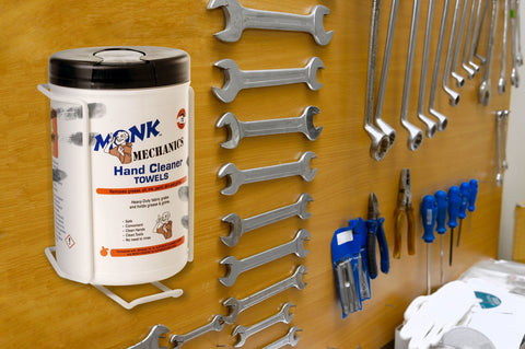 Heavy Duty Mechanics Wipes For The Shop And Garage Large 10x12 Inch Towels For Multi Purpose Surface And Hand Cleaning 6 Canisters Of 72 Count Each Perfect For Removing Paint Oil Grease Dirt And Grime canister next to tools