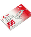 Slick Two Piece Paper Fasteners In Solid Silver Tin Coat Feature Smooth Edges A No Sweat Choice For Quick Office Binding Delivers One Box Of Fifty Durable Silver Clips With Two Inch Hole Capacity Plus Two Point Seven Five Inch Prong Centers, packaging view.