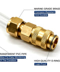 Hydraulic Steering Bleed And Filler Kit For Boats Remove Air And Flush Fluid To Fix Hard To Turn Steering Pro Grade Marine Brass And Hose Fittings Leak Proof Corrosion Resistant Tool showing marine-grade brass fitting and transparent PVC pipe.
