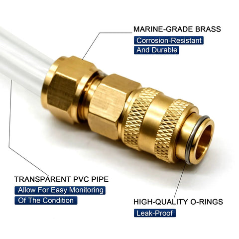 Hydraulic Steering Bleed And Filler Kit For Boats Remove Air And Flush Fluid To Fix Hard To Turn Steering Pro Grade Marine Brass And Hose Fittings Leak Proof Corrosion Resistant Tool showing marine-grade brass fitting and transparent PVC pipe.