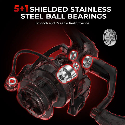 Royale Legend Spinning Reel with dual gear ratios showing 5+1 stainless steel ball bearings and graphite frame design