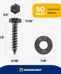 5/16 X 1-1/2 Inch Lag Screw Kit With 50 Heavy Hitter Hex Bolts And Flat Washers showing dimensions of screws and washers.