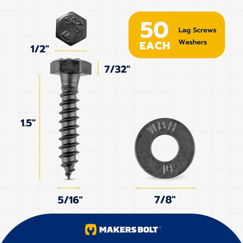 5/16 X 1-1/2 Inch Lag Screw Kit With 50 Heavy Hitter Hex Bolts And Flat Washers showing dimensions of screws and washers.