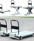 Heavy Duty Hydraulic Scissor Lift Trolley Cart With Electric Flatbed Platform. Multiple angles of mobile hand truck loader for easy unloading.
