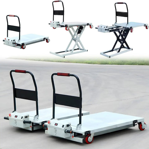 Heavy Duty Hydraulic Scissor Lift Trolley Cart With Electric Flatbed Platform. Multiple angles of mobile hand truck loader for easy unloading.