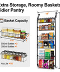 Six Tier Over The Door Pantry Organizer Rock Solid Metal; 50 H x 18 W; storage rack with removable baskets for spices and jars.