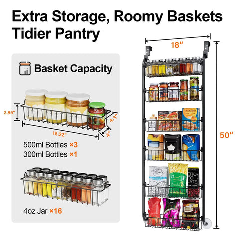 Six Tier Over The Door Pantry Organizer Rock Solid Metal; 50 H x 18 W; storage rack with removable baskets for spices and jars.