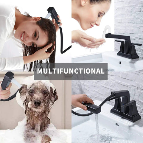 Two Handle Centerset Slick Black Bathroom Sink Faucet With Pull Out Sprayer 3 Hole 4 Inch Lavatory Mixer Tap usage examples