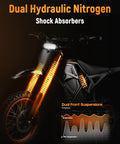 Electric Dirt Bike For Teens And Adults With 3500W Peak Power 38 To 46 Mph Top Speed 53 Mile Range 48 Volt 23Ah Battery Mid Drive Motor Hydraulic Dual Shock Absorbers Orange And Black With Lock For Off Road Thrill Seekers, front suspension