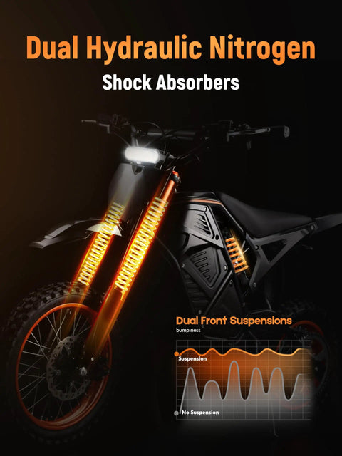 Electric Dirt Bike For Teens And Adults With 3500W Peak Power 38 To 46 Mph Top Speed 53 Mile Range 48 Volt 23Ah Battery Mid Drive Motor Hydraulic Dual Shock Absorbers Orange And Black With Lock For Off Road Thrill Seekers, front suspension