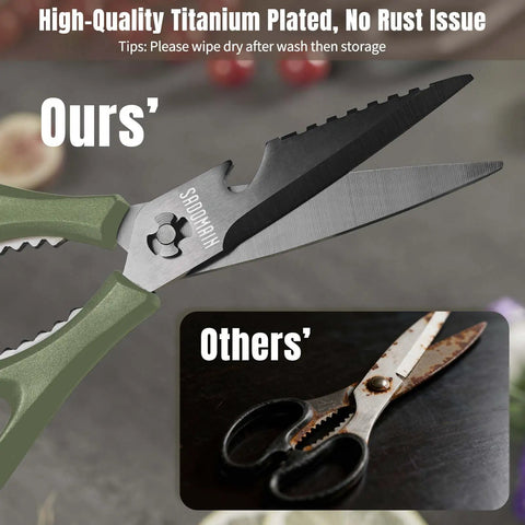 All-Purpose Kitchen Scissors With Extra Sharp Blades, Built-In Knife Sharpener And Sheath, Stainless Steel Anti-Rust Black Titanium Plated, Dishwasher Safe, Heavy Duty Shears For Poultry Meats And Everyday Cutting, Green, open blades