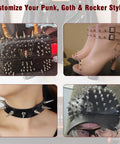 Knockout Punk Rock Spikes And Studs Kit With 364 Pieces For Leather Jackets, Belts, Bags, And Boots, Includes Punch And Screwdriver For Hella Sick Mods showcasing bag, heels, choker, and cap adorned with spikes.
