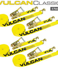 Ratchet Straps With Wire J Hooks, 2In x 15Ft, Four Pack, Classic Yellow Webbing, 3,300 Lbs Safe Working Load displayed