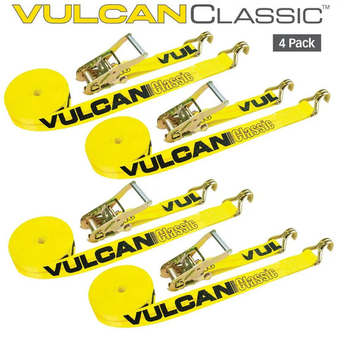 Ratchet Straps With Wire J Hooks, 2In x 15Ft, Four Pack, Classic Yellow Webbing, 3,300 Lbs Safe Working Load displayed