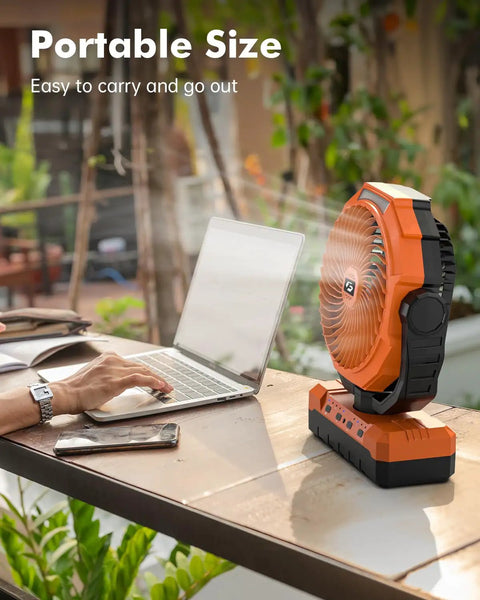 3 In 1 Portable Camping Fan With Light And Power Bank Detachable 36000mAh Battery on outdoor table
