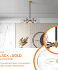 Sputnik Chandelier Dope Mid Century Pendant Light With Glass Globe Shades in a black and gold ceiling mount fixture.