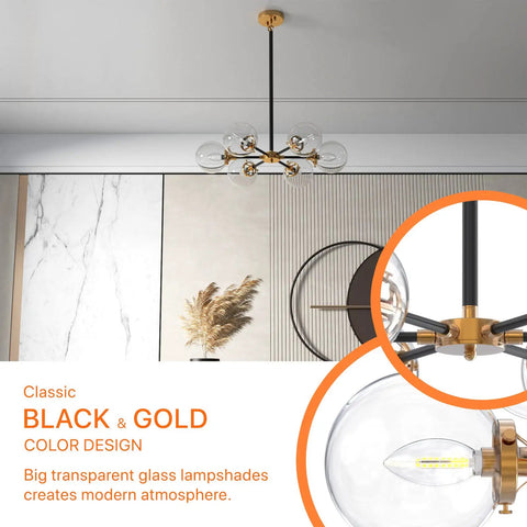 Sputnik Chandelier Dope Mid Century Pendant Light With Glass Globe Shades in a black and gold ceiling mount fixture.
