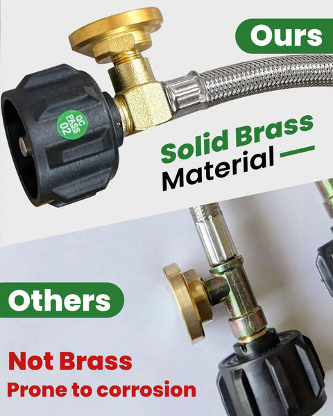 Comparison of 15 Inch RV Propane Hose With Gauge Stainless Steel Camper Heavy Duty Gas Hose and standard hose, brass vs. not brass.