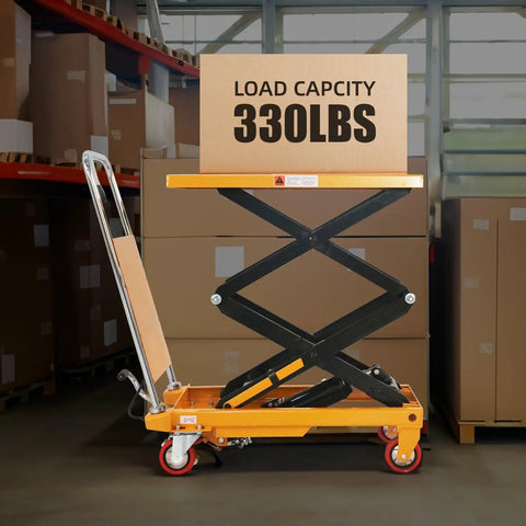 Heavy Duty Manual Scissor Lift Cart With Solid Hydraulic Base For Smooth Job Site Hustle And Garage Transport Easy Foot Pedal Operation Handles Three Hundred Thirty Pounds Like A Champ