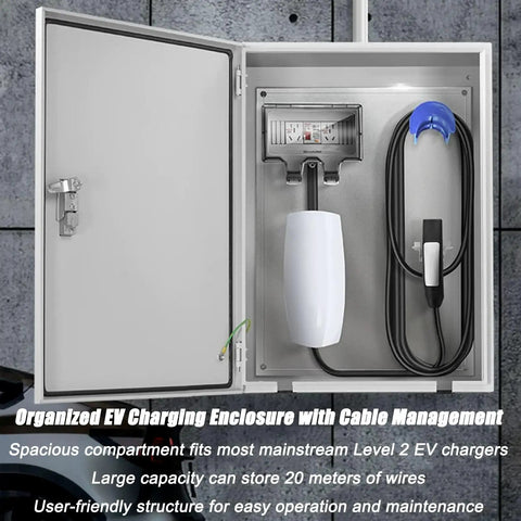 Rugged Outdoor EV Charger Enclosure Wall Mount Heavy Duty Steel Box Weatherproof All Season Protection Built Tough To Handle Rain And Dust No Sweat Safety Cover with organized cable management.