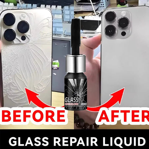 "Before and after of phone repaired with Pro Grade Glass Repair Kit With Precision Applicator 10ml Clear Resin Restorer"