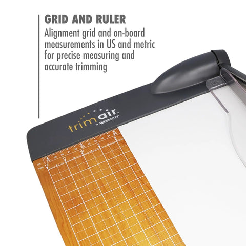 Top view of Heavy Duty 12 Inch TrimAir Wood Guillotine Paper Cutter With 30 Sheet Capacity And Titanium Bonded Blade, showing grid and ruler.