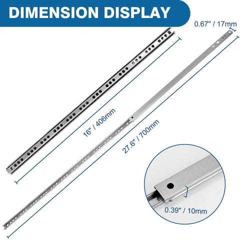 Dimension display of Heavy Duty Ball Bearing Drawer Slides 16 Inch Four Pack Two Way Metal Drawer Tracks with mounting screws.