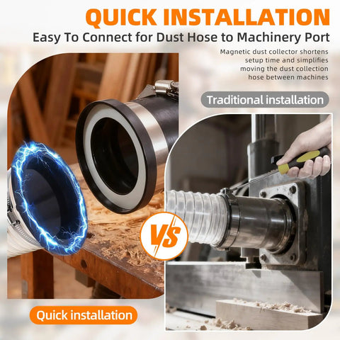 Magnetic Dust Collection Fittings For Woodworking Shops With Quick Hose Connectors Two Pack Mag Port Adapters and Couplers