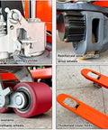 Heavy Duty Electric Pallet Jack With Full Power Lithium Battery For Smooth Indoor Load Hauling And Warehouse Moves Up To 6600 Lbs Capacity showing AC casting cylinder and reinforced drive wheels.