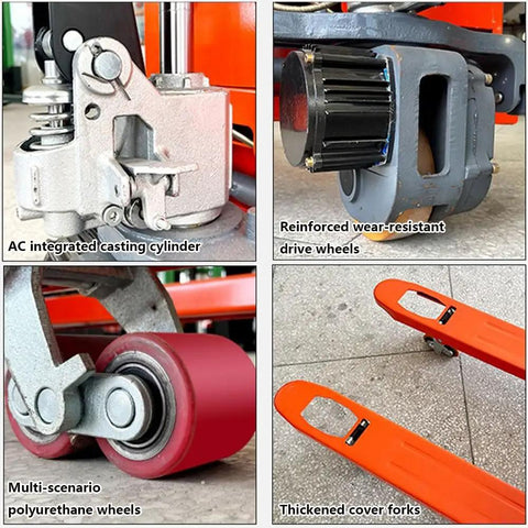 Close-up details of Heavy Duty Electric Pallet Jack With 6600 lbs Capacity And 48V Removable Lithium Battery components.