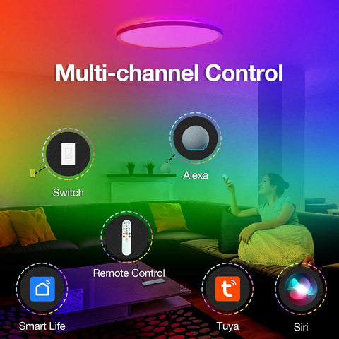 Lit RGB Ceiling Light With Music Sync Remote Control Alexa WiFi And Tuya App 14 Inch Dimmable Flush Mount LED Fixture.