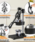 Heavy Duty Manual Cast Iron Citrus Juicer Hand Press Squeezer For Fresh Orange Lemon Juice Stable Black Countertop Kitchen Tool with stainless steel and silicone features.
