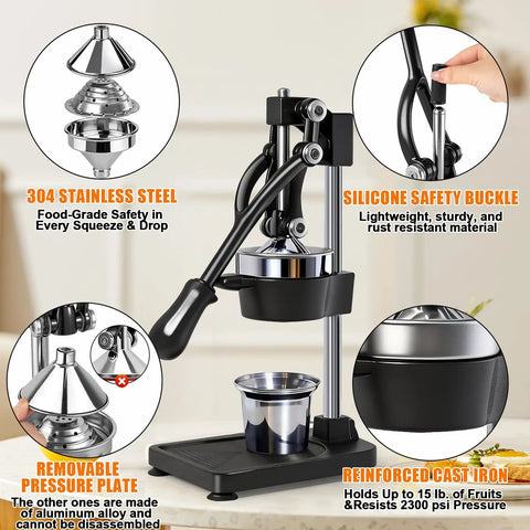 Heavy Duty Manual Cast Iron Citrus Juicer Hand Press Squeezer For Fresh Orange Lemon Juice Stable Black Countertop Kitchen Tool with stainless steel and silicone features.