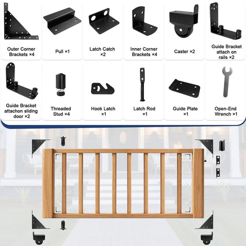 Sliding Gate Hardware Kit For Wood Gates 1.5 to 2 Inches Anti Sag Beefed Up With Galvanized Steel Track Frame And Reinforced Corner Braces For Stable, Deformation-Resistant Performance Easy Install, wooden gate brackets and rollers