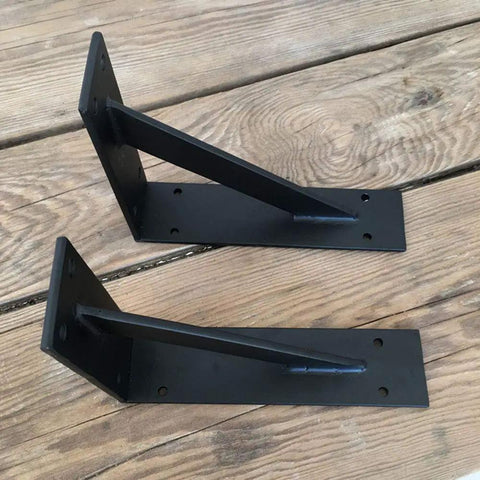 Rock Solid Floating Shelf Brackets Heavy Duty Tripod Wall Supports black iron brackets for shelving on wooden surface.