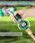 360 Degree Rotatable Water Flow Meter With Brass Inlet And Outlet connected to a garden hose showing real-time water usage display