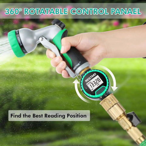 360 Degree Rotatable Water Flow Meter With Brass Inlet And Outlet connected to a garden hose showing real-time water usage display