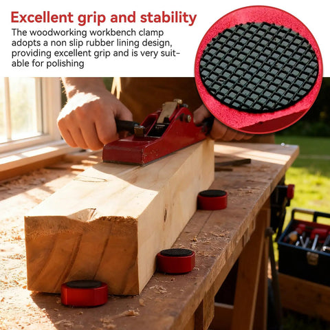 Woodworker using 12 Piece Aluminum Alloy Bench Dog Clamp Set For MFT Workbenches With Non Slip Surfaces on wooden block