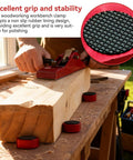 12 Piece Aluminum Bench Dogs Set for Milling and Cutting on MFT Workbenches, showing non-slip rubber and woodworking clamp in use