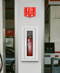 Recessed Fire Extinguisher Wall Cabinet In Galvanized Steel For 10 Lb Extinguishers, Magnetic Door, White Acrylic High Position Sign shown installed